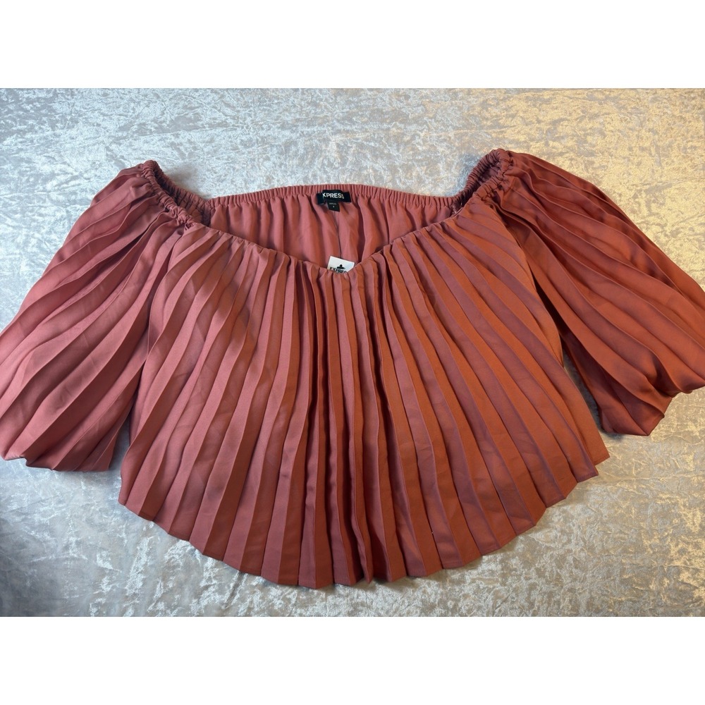 Express Womens Blouse S Pink Pleated Sweetheart Neck Balloon Sleeve NWT